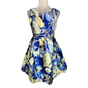 NWT Charm’s Paris Blue Yellow Watercolor Floral Bow Detail Fit & Flare Dress - M